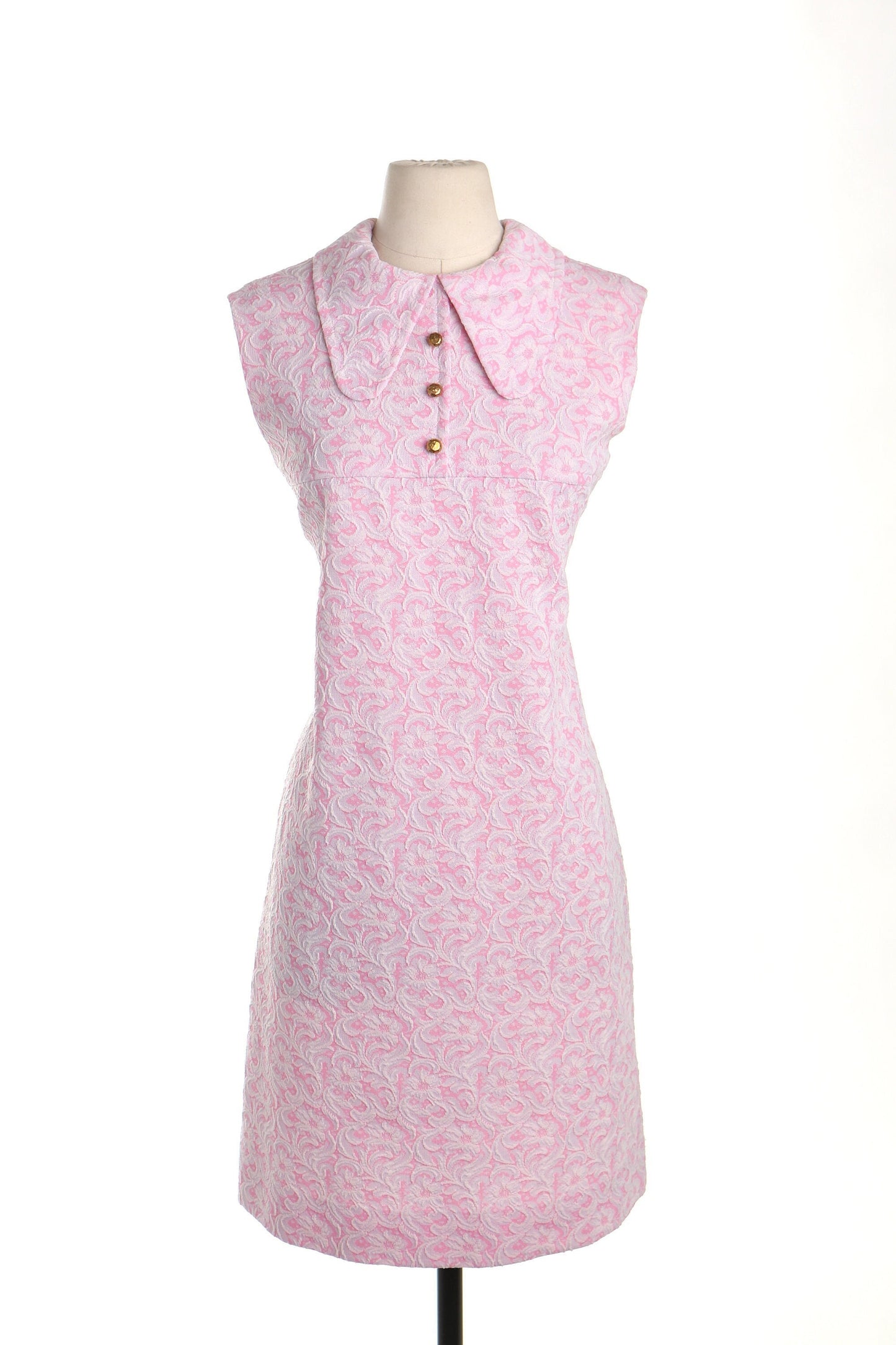 70's pink floral dress casual collared mod white