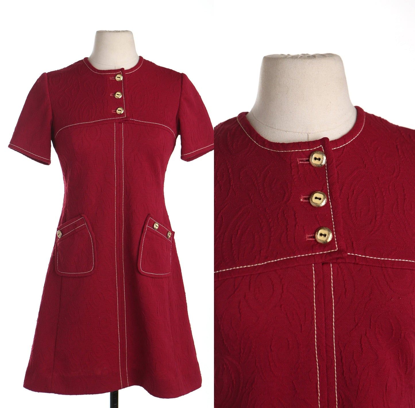 Vintage 70's burgundy mod casual women dress button up