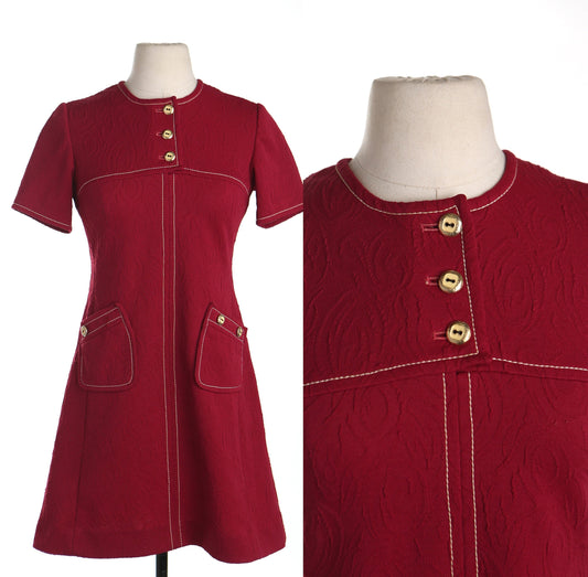 Vintage 70's burgundy mod casual women dress button up