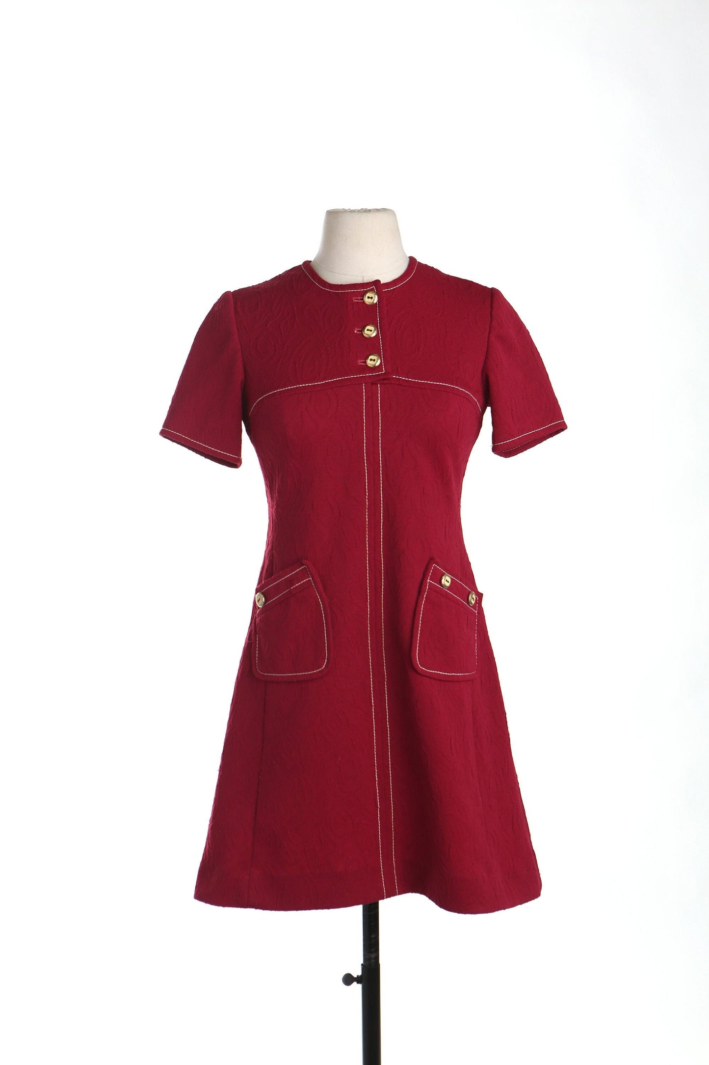 Vintage 70's burgundy mod casual women dress button up