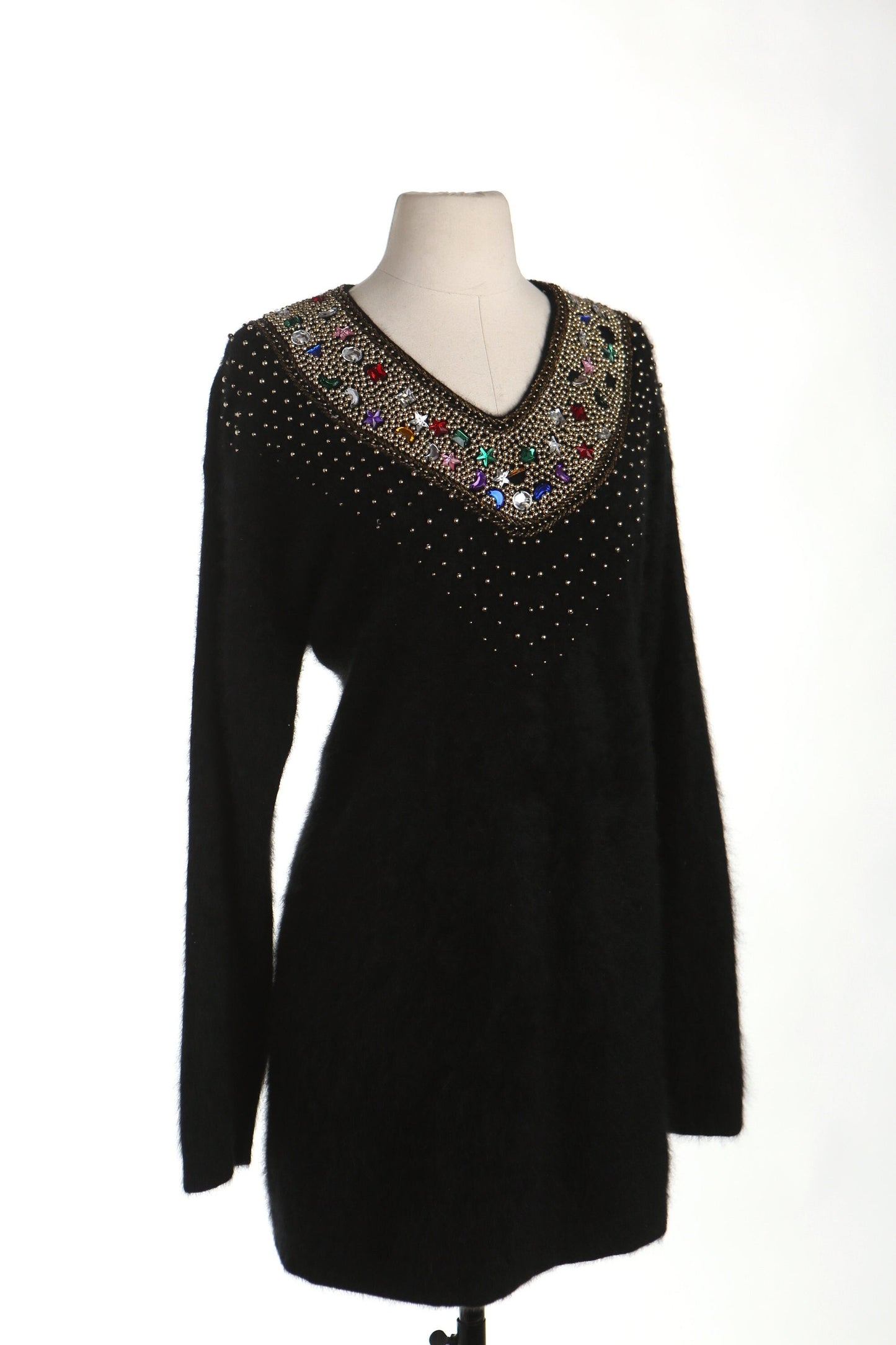 Vintage sweater dress rhyme stones studded golden black evening women v neck casual 90's 80's