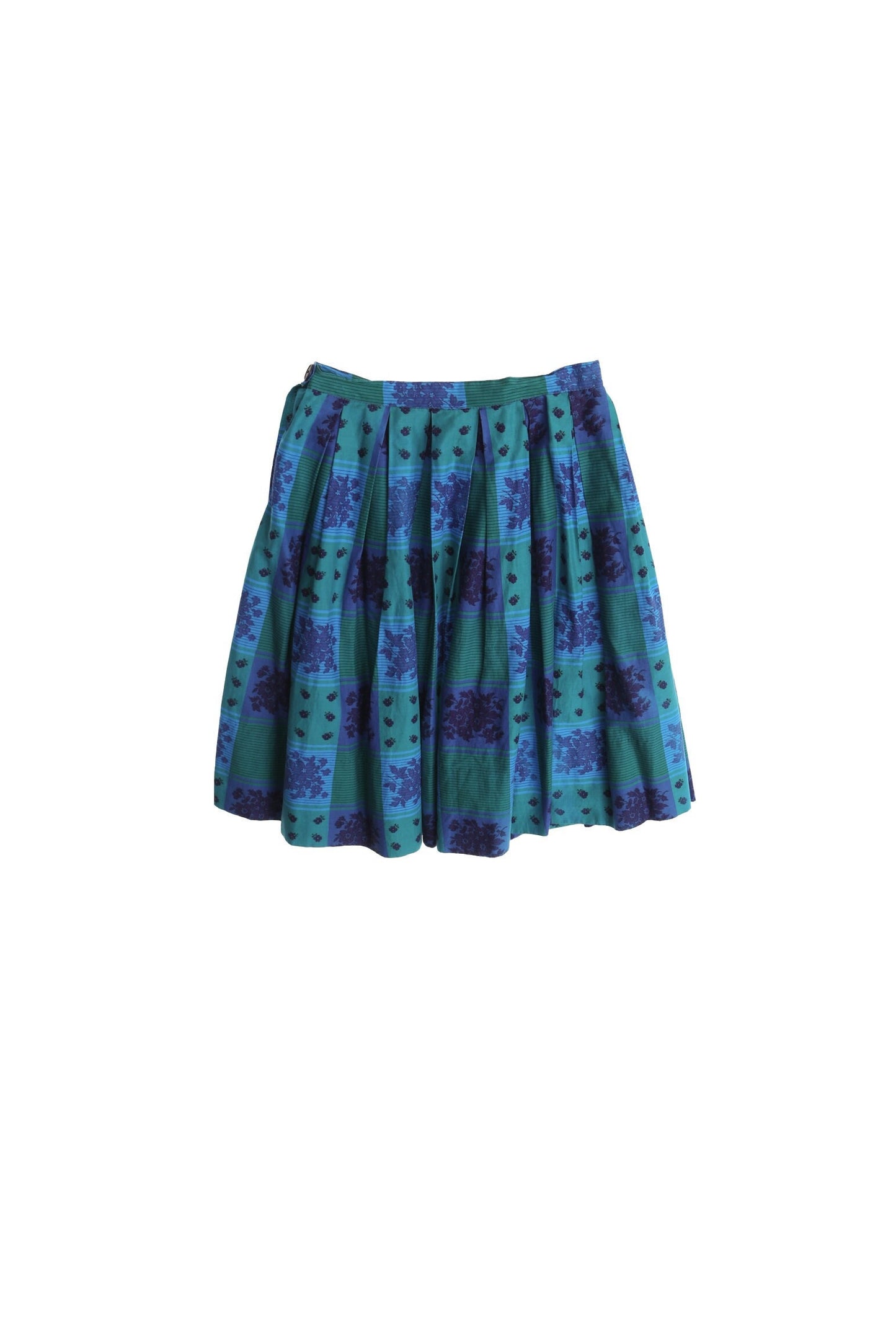 Vintage floral skirt blue embroidered plaid 50's cotton green short summer
