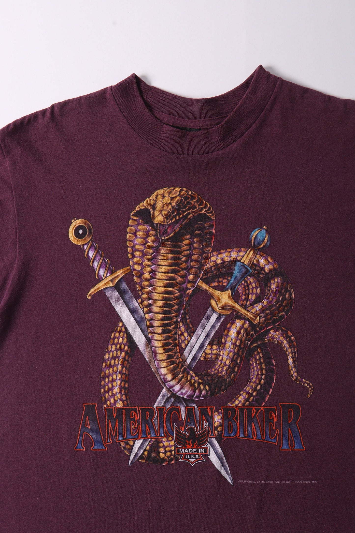 Vintage biker t-shirt burgandy made in usa american biker cobra snake swords t-シャツ ビンテージ シャツ
