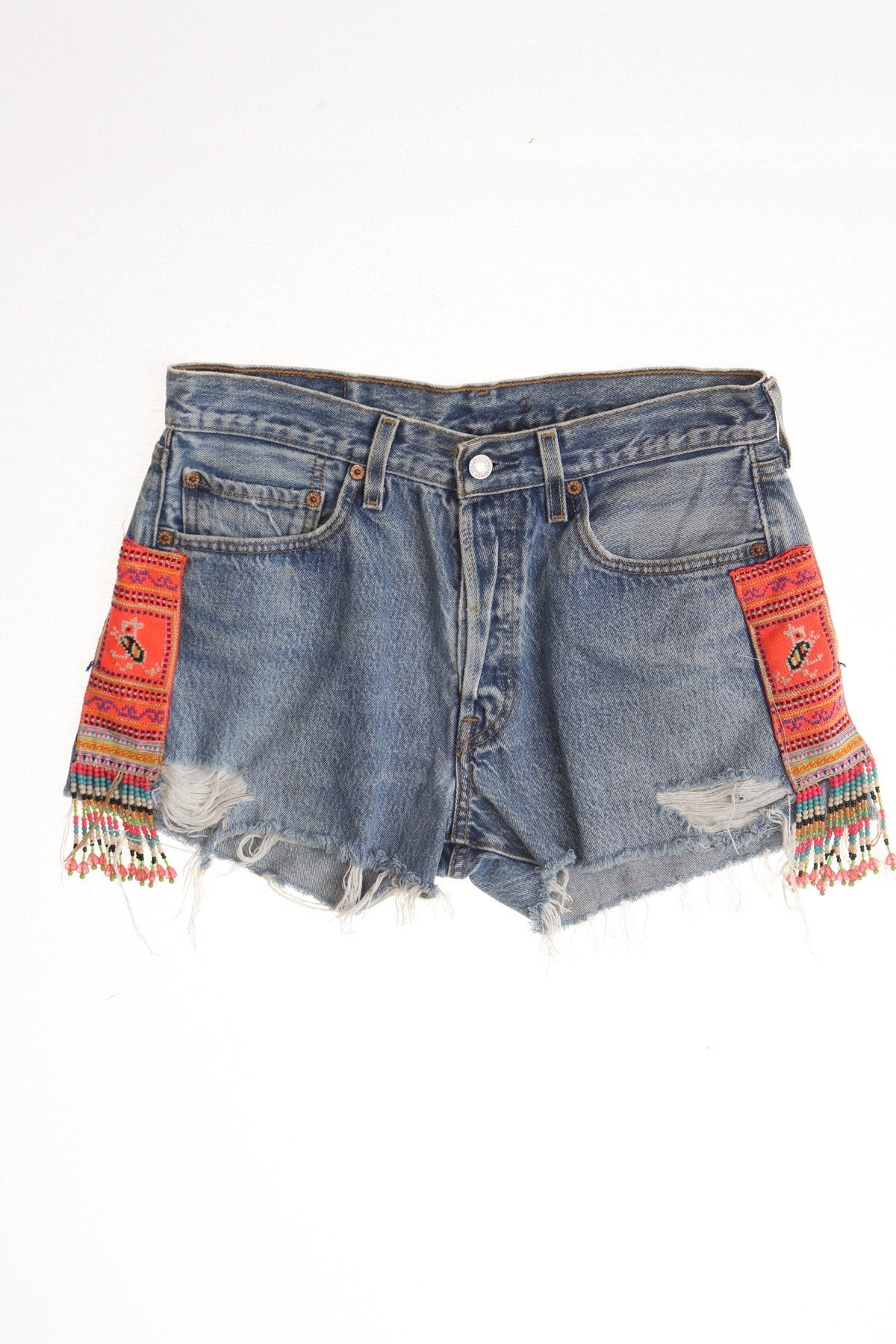 Vintage 501 levi's blue denim short high waist ethnic fringe native american beads embroidered