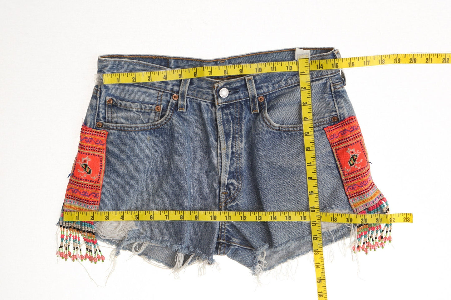 Vintage 501 levi's blue denim short high waist ethnic fringe native american beads embroidered