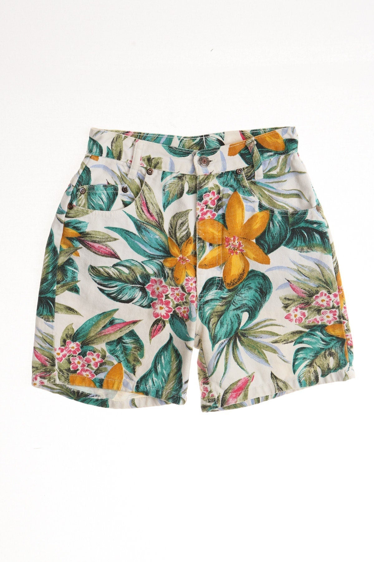 Vintage women white floral print denim short high waist y2k summer