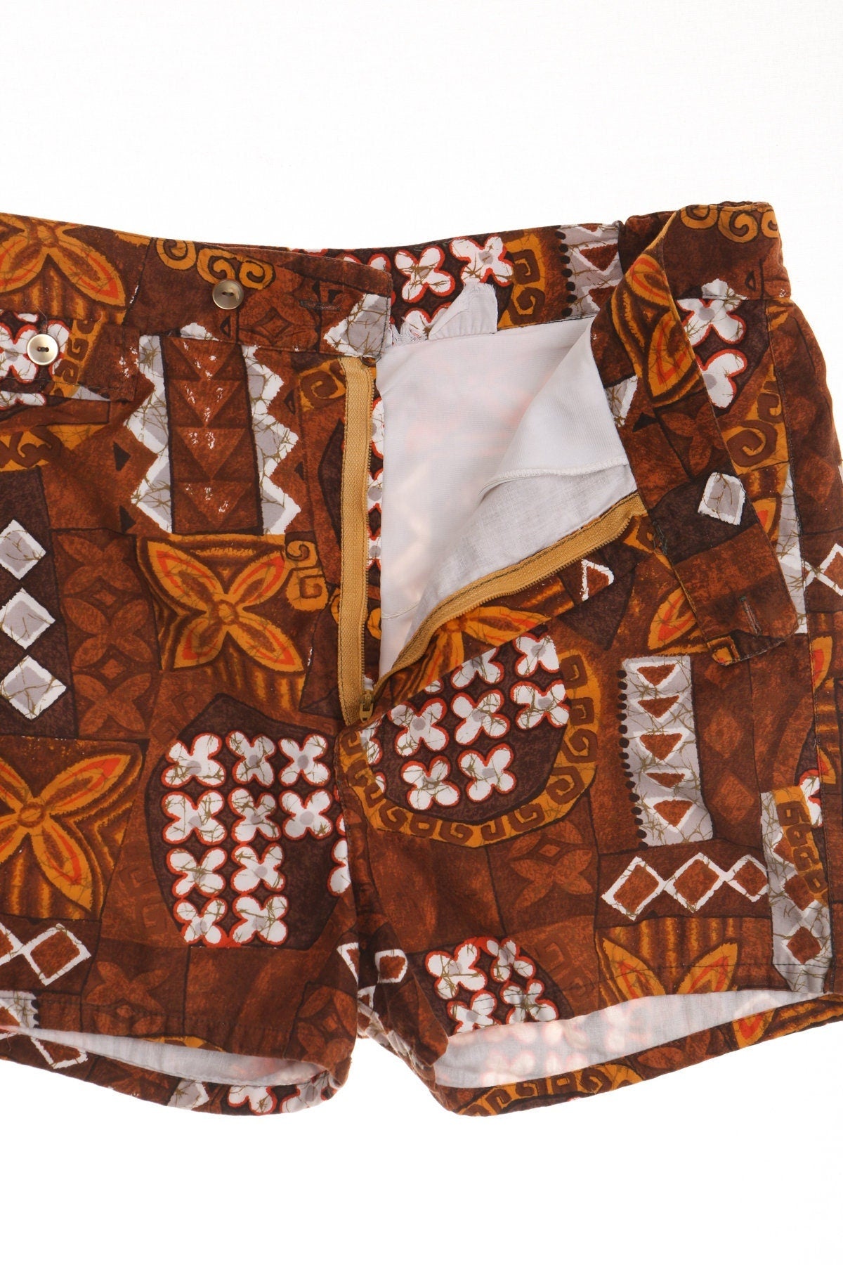 Vintage men hawaiian short surfing 60's 50's print brown swim trunks beach