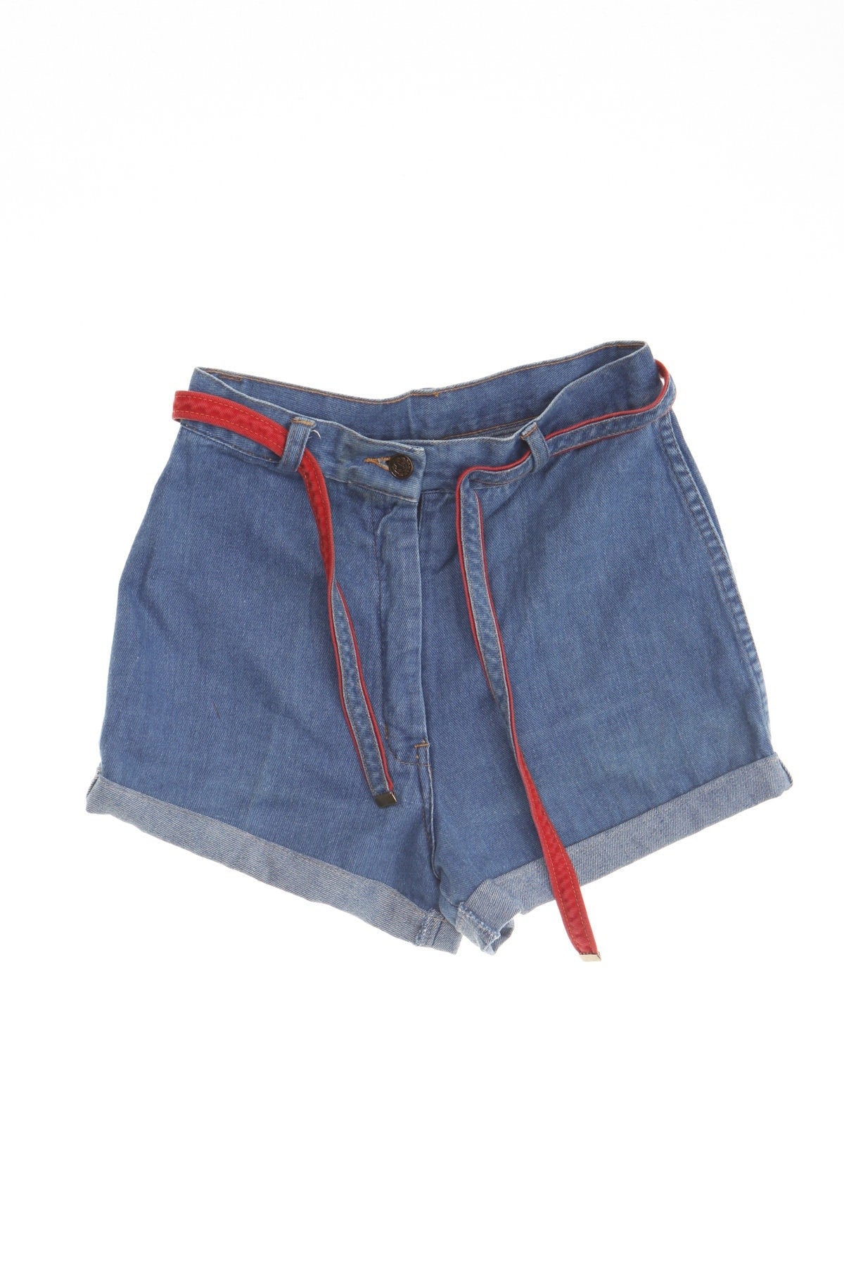 Vintage women blue denim 70's high waist short bell bottom folded seam waist belt