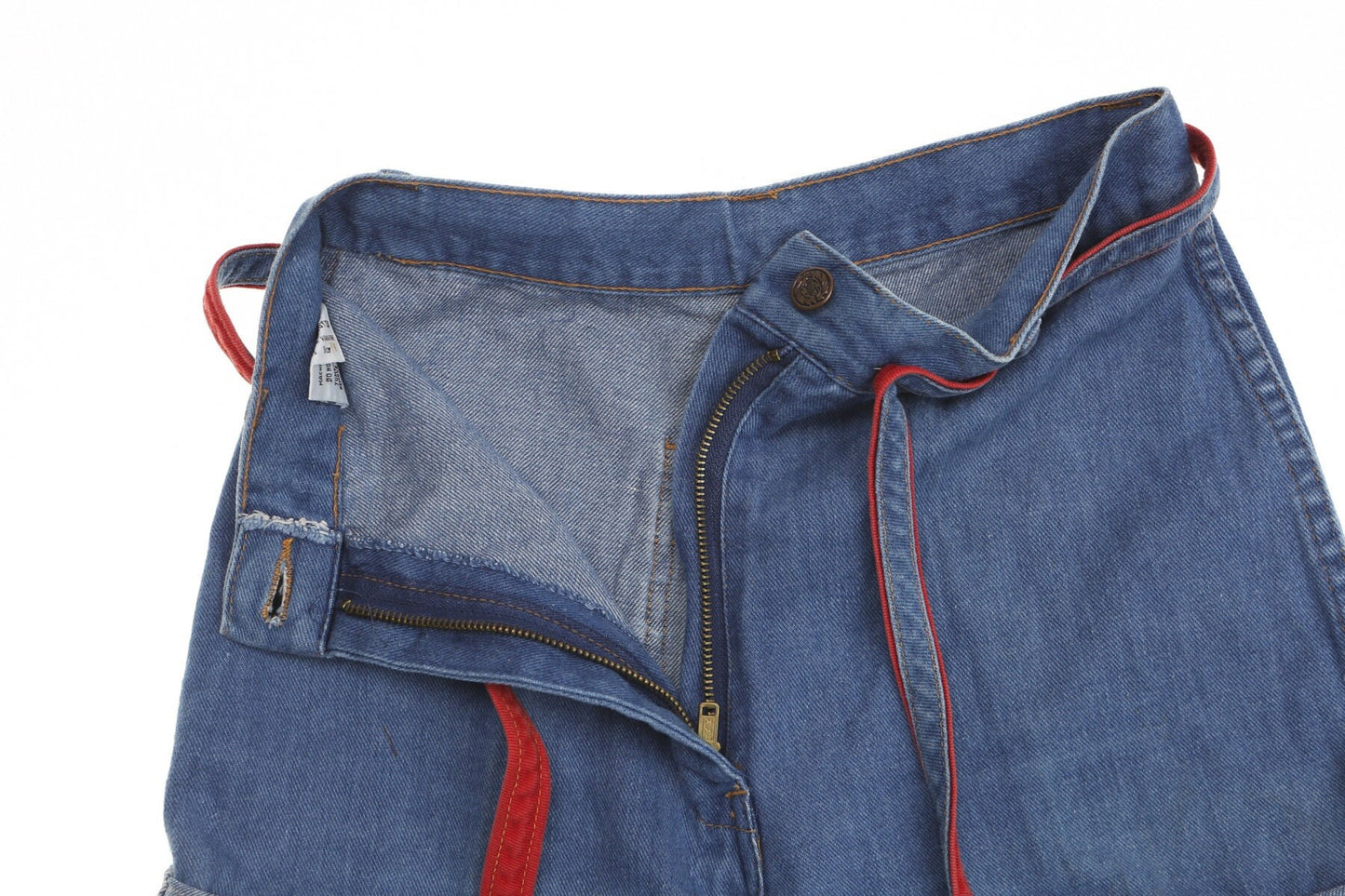 Vintage women blue denim 70's high waist short bell bottom folded seam waist belt