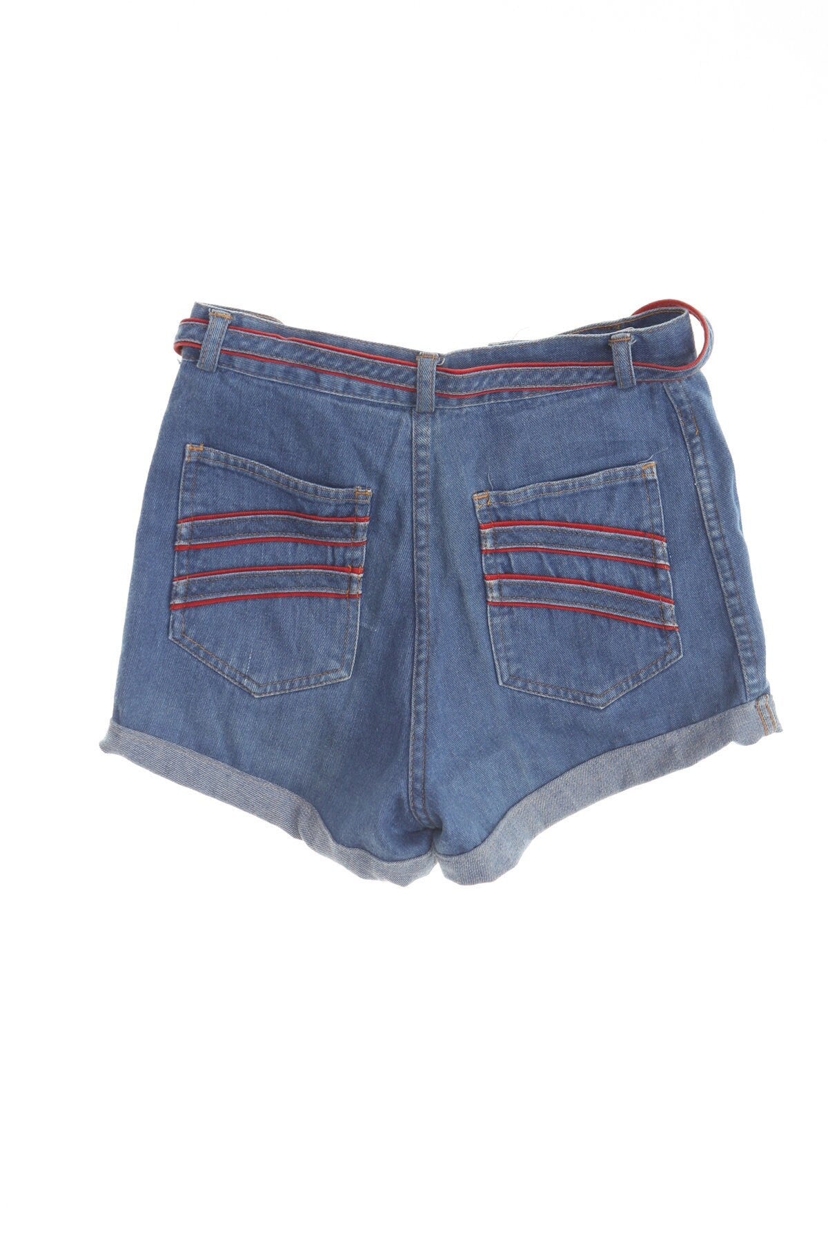 Vintage women blue denim 70's high waist short bell bottom folded seam waist belt