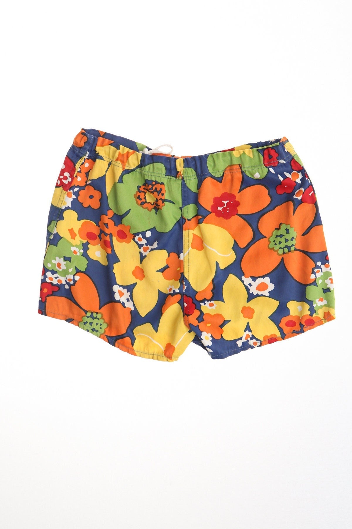 Vintage men shorts swim trunks floral print hawaiian blue campus made in usa 50's 60's