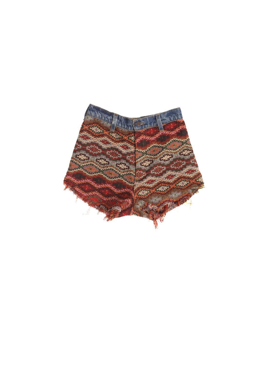 Patchwork vintage fabric denim whort women 70's button tapestry brown red