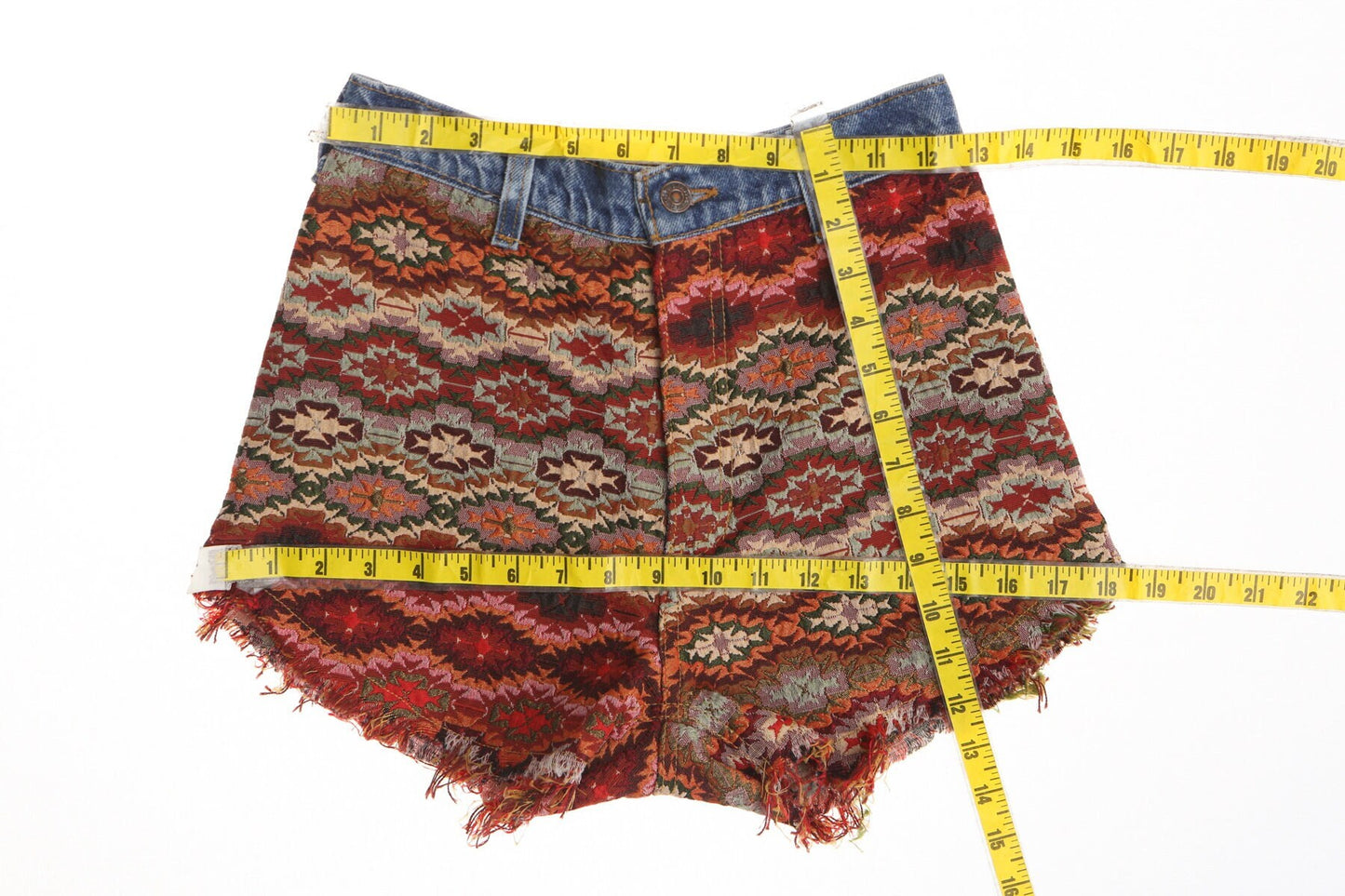 Patchwork vintage fabric denim whort women 70's button tapestry brown red