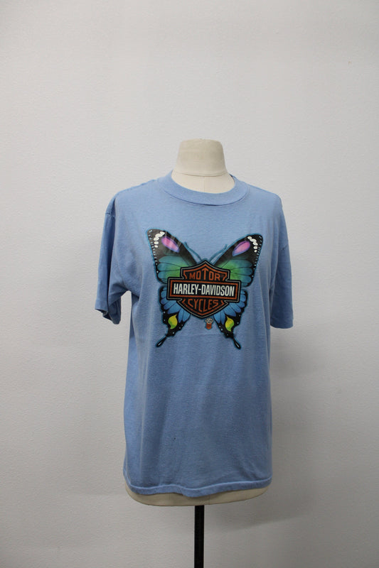 Harley davidson t-shirt blue vintage iron print made in usa size l 1984 butterfly motorcyles 70's