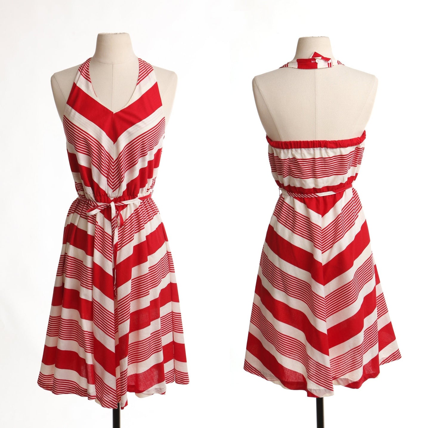 Vintage striped red halter dress 80's 70's cotton summer casual women