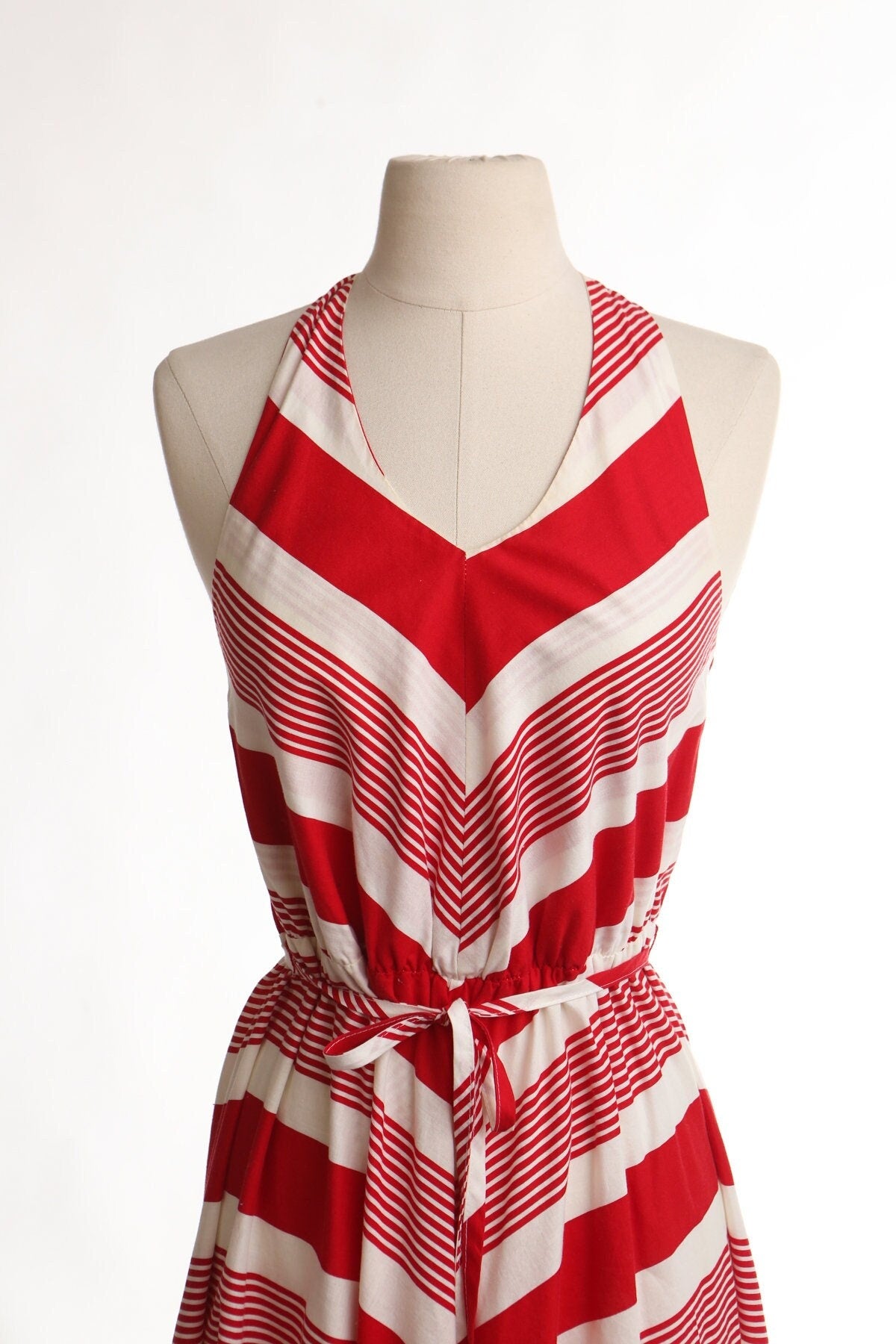 Vintage striped red halter dress 80's 70's cotton summer casual women