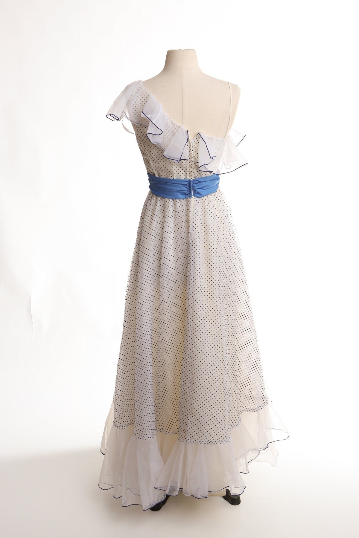 Vintage polka dot white ruffle women dress long flamenco waist off shoulder 70's