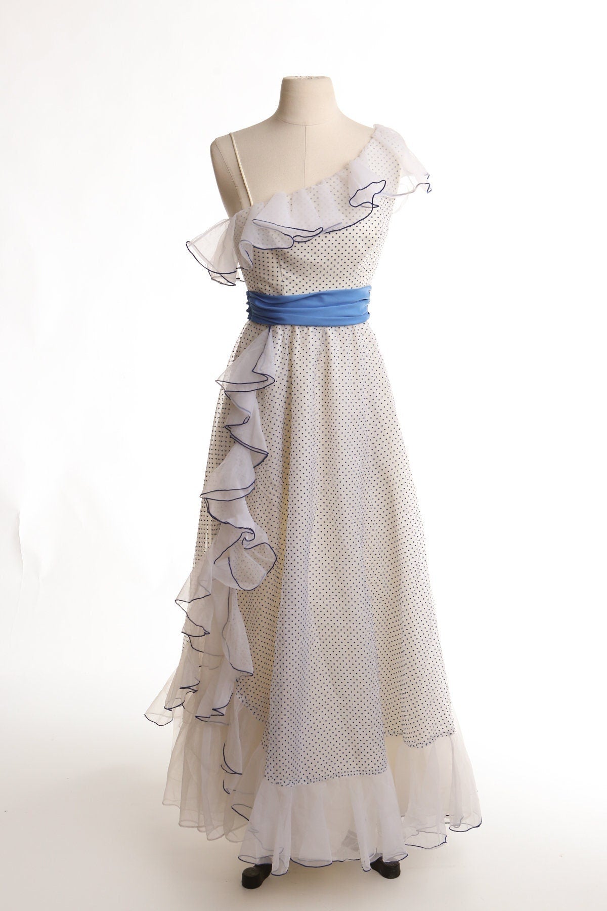 Vintage polka dot white ruffle women dress long flamenco waist off shoulder 70's