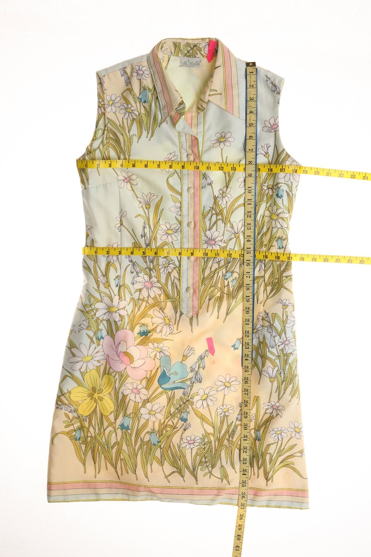 Vintage 70's summer dress floral print biege waist belt button front casual mcmullen