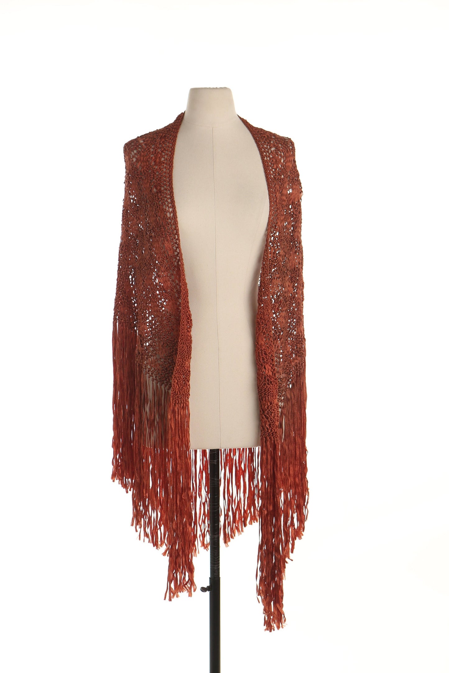 Brown hand knit shawl fringe western boho hippie crochet vintage women 70's