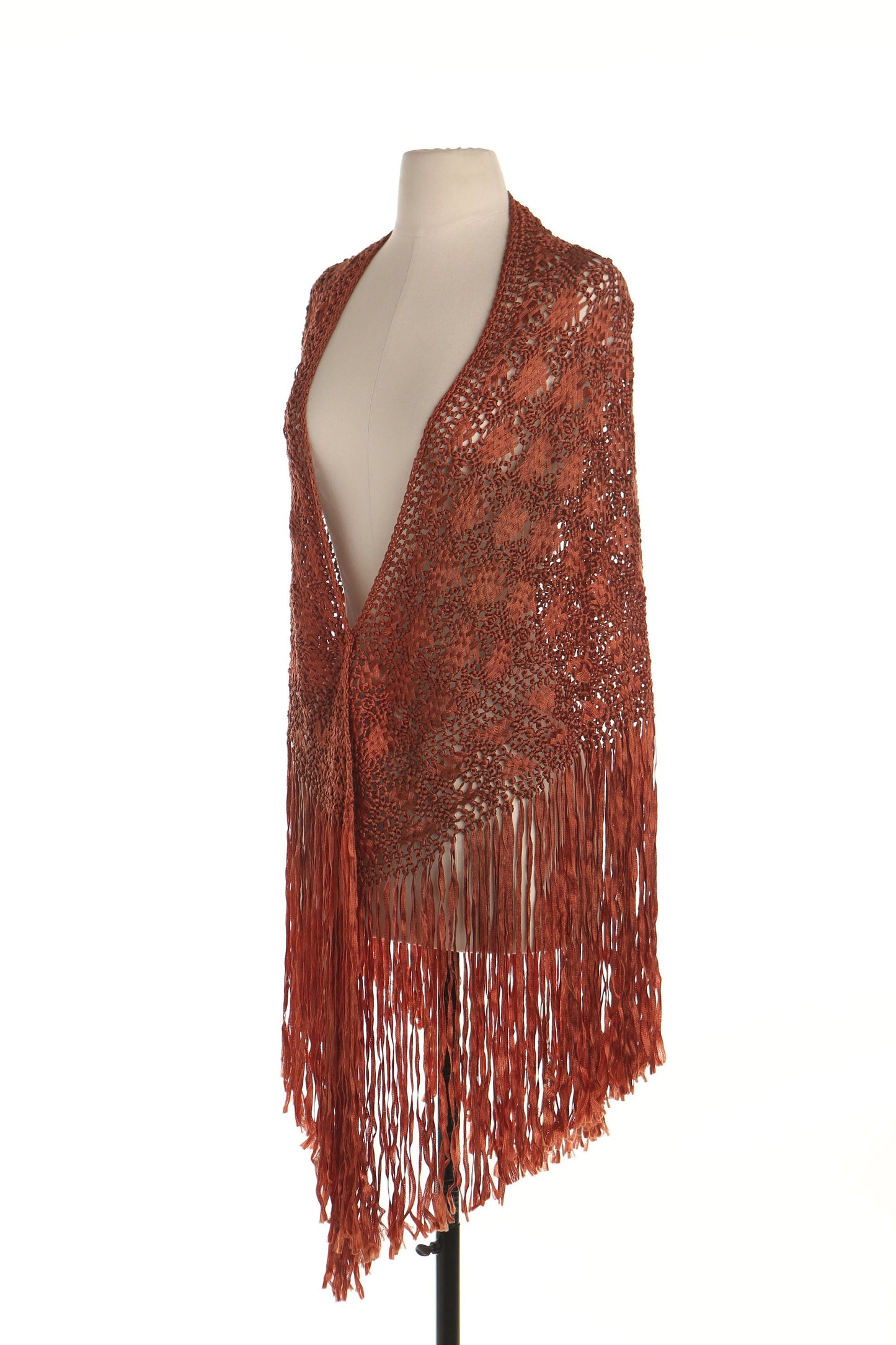 Brown hand knit shawl fringe western boho hippie crochet vintage women 70's