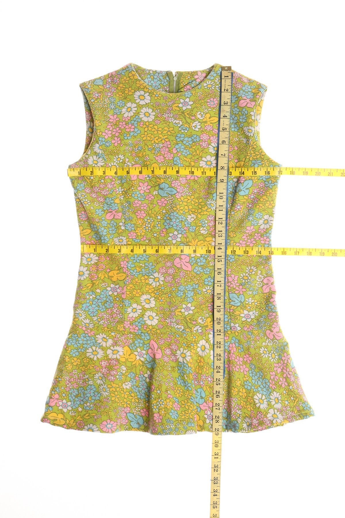 70's dress green floral print hippie mod 60's zipper vintage