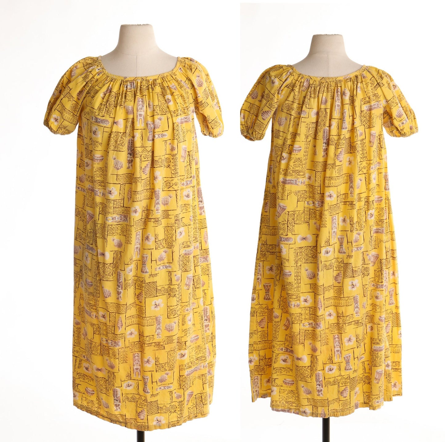 Vintage women yellow 40's hawaiian dress pinnaple made in hawaii size 10 hoohawaii 50's print