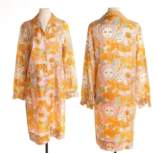 70's hippie summer dress orange lion print floral jungle tall and elegant mod rare