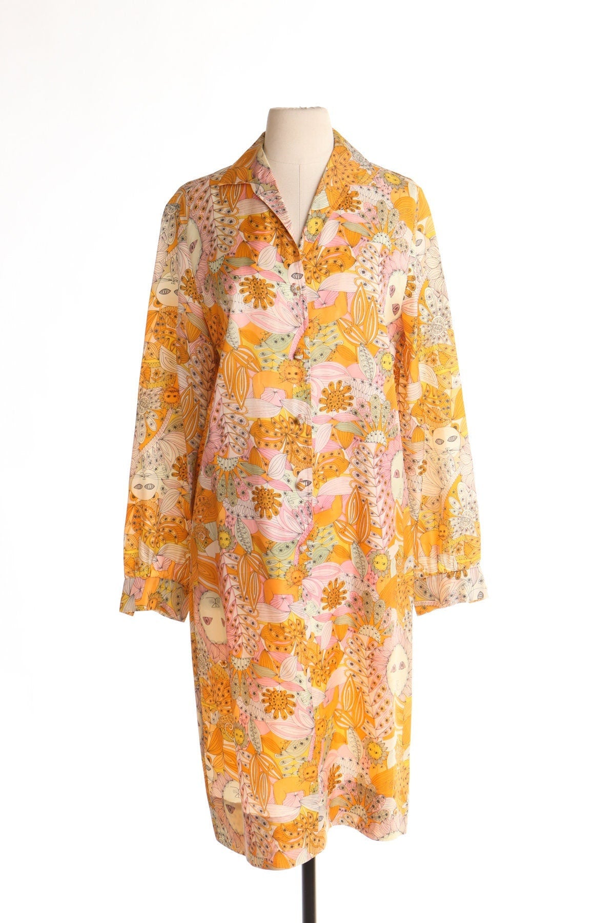 70's hippie summer dress orange lion print floral jungle tall and elegant mod rare