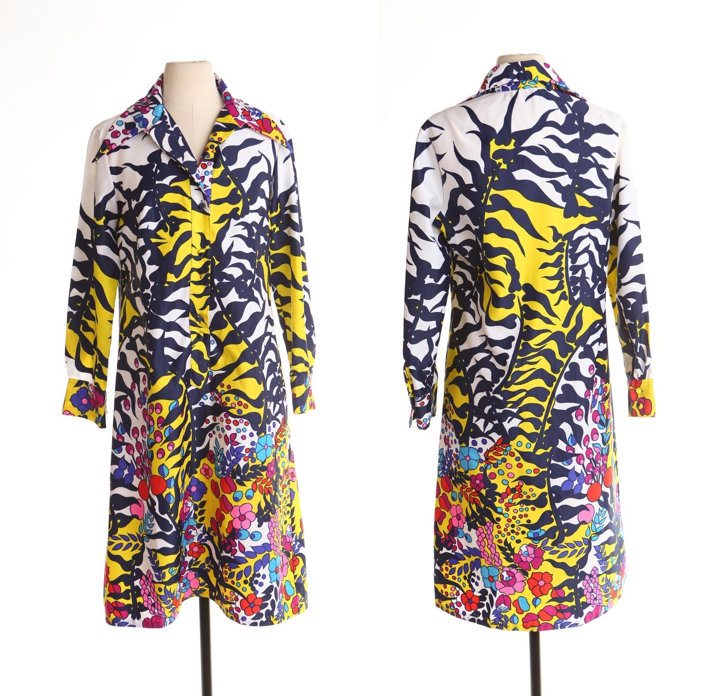 Vintage 70's floral print yellow white long sleeve mod disco dress hippie 60's