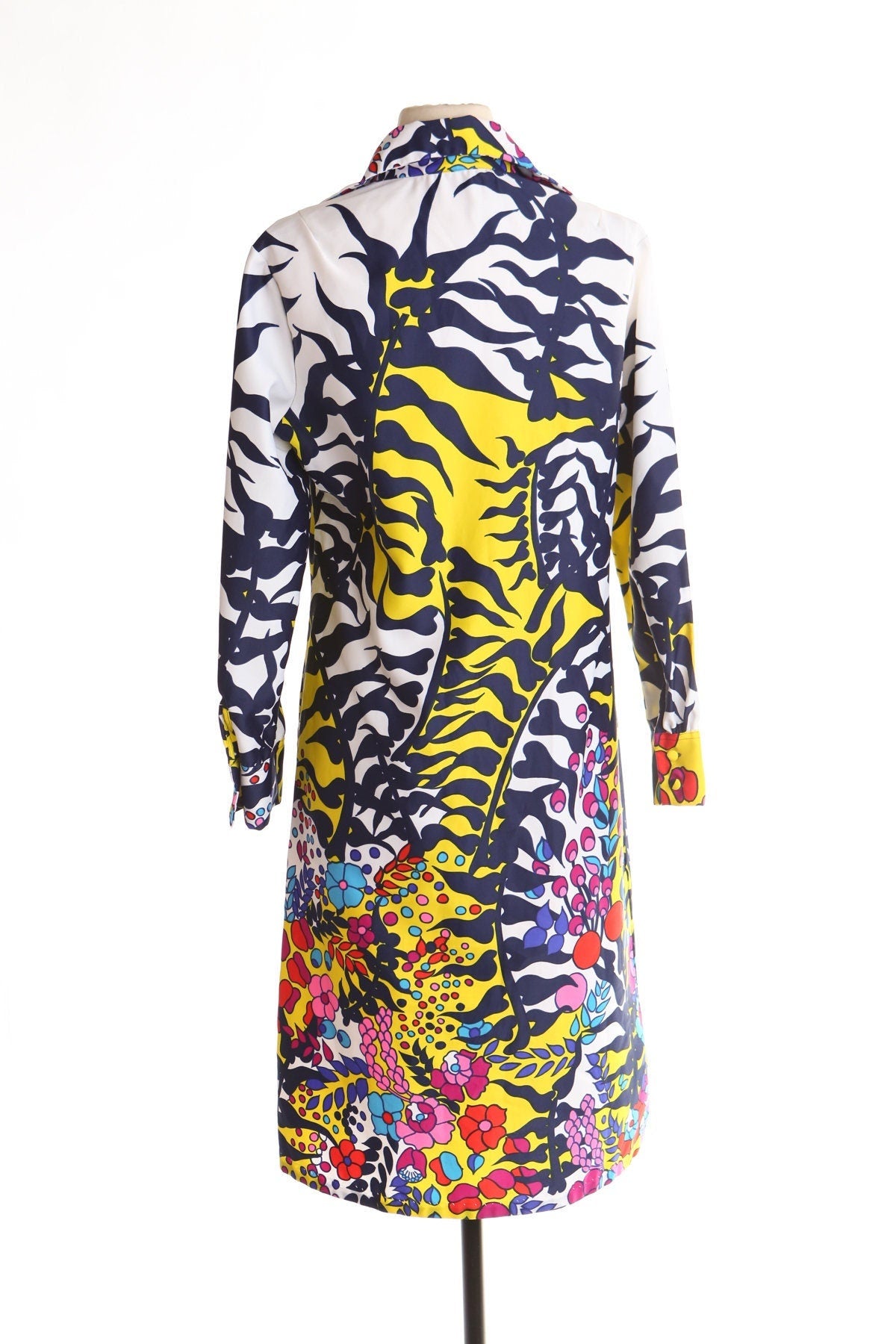 Vintage 70's floral print yellow white long sleeve mod disco dress hippie 60's