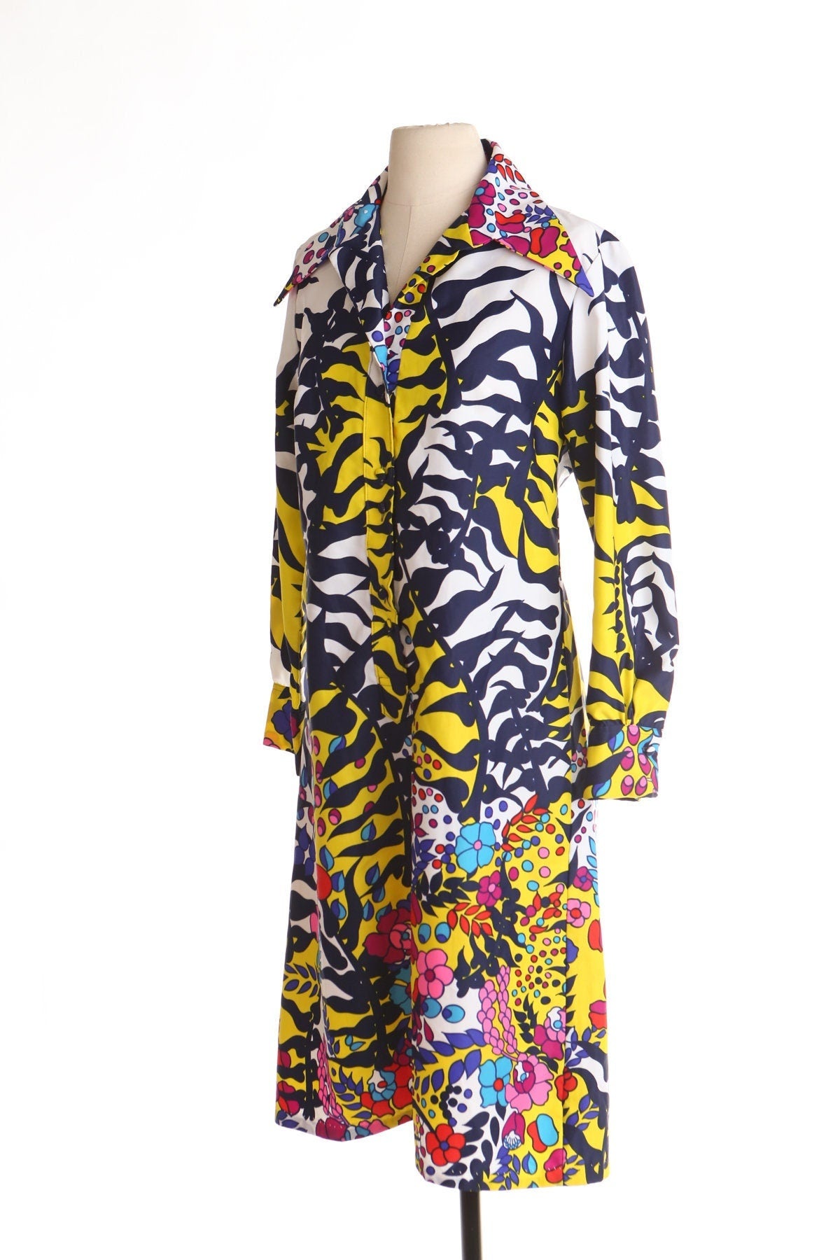 Vintage 70's floral print yellow white long sleeve mod disco dress hippie 60's