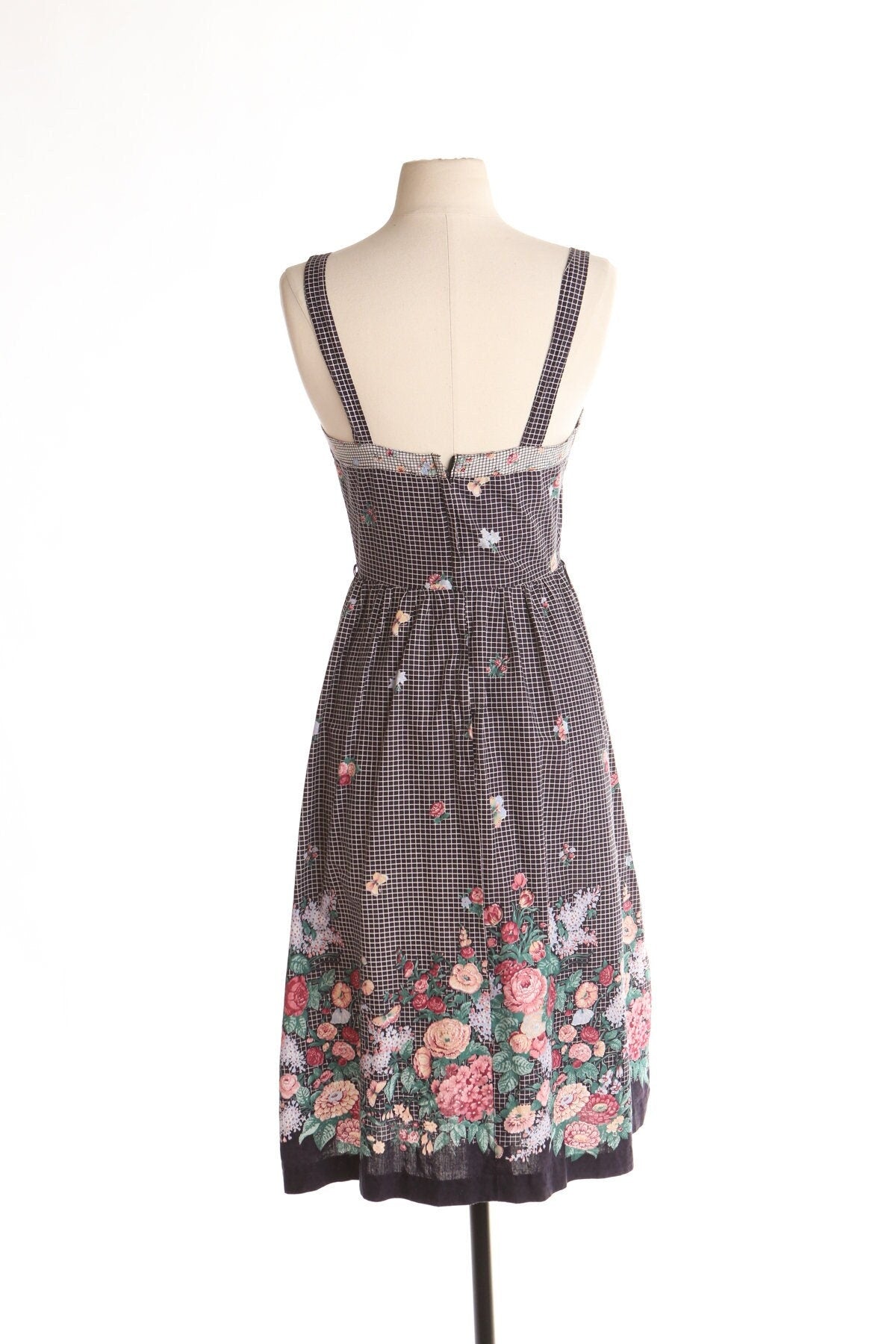 Vintage women 80's 90's floral print strap dress black plaid 70's summer