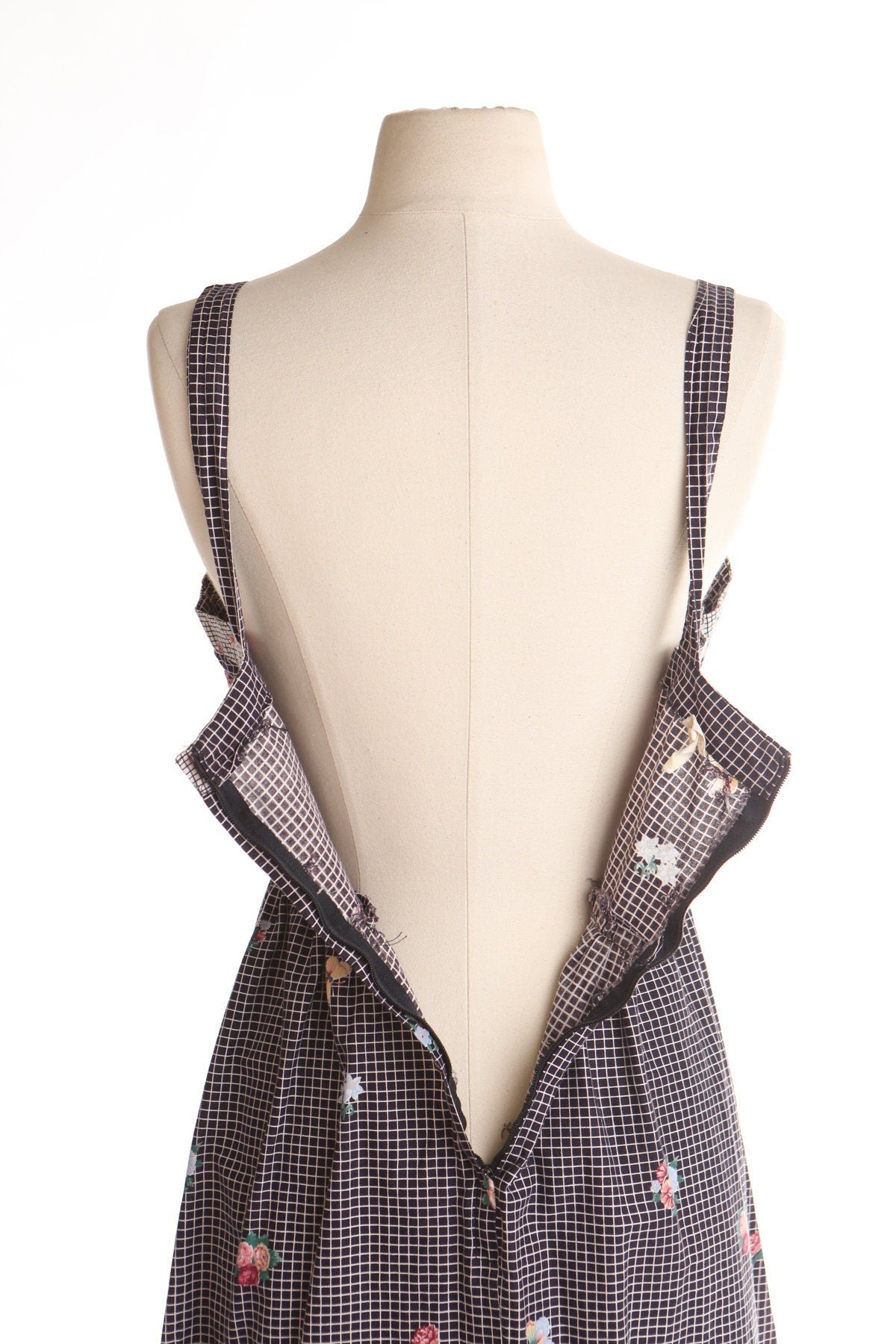 Vintage women 80's 90's floral print strap dress black plaid 70's summer