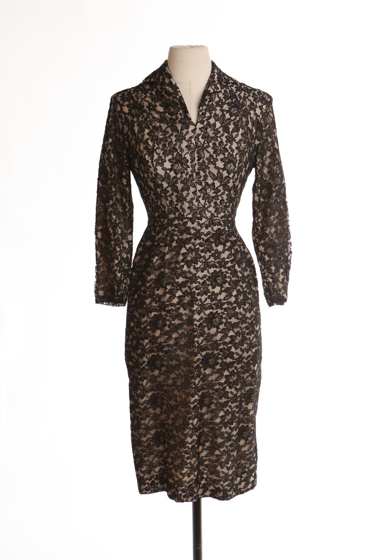 Vintage women 40's lace black dress long sleeve pinup casual foramal widow