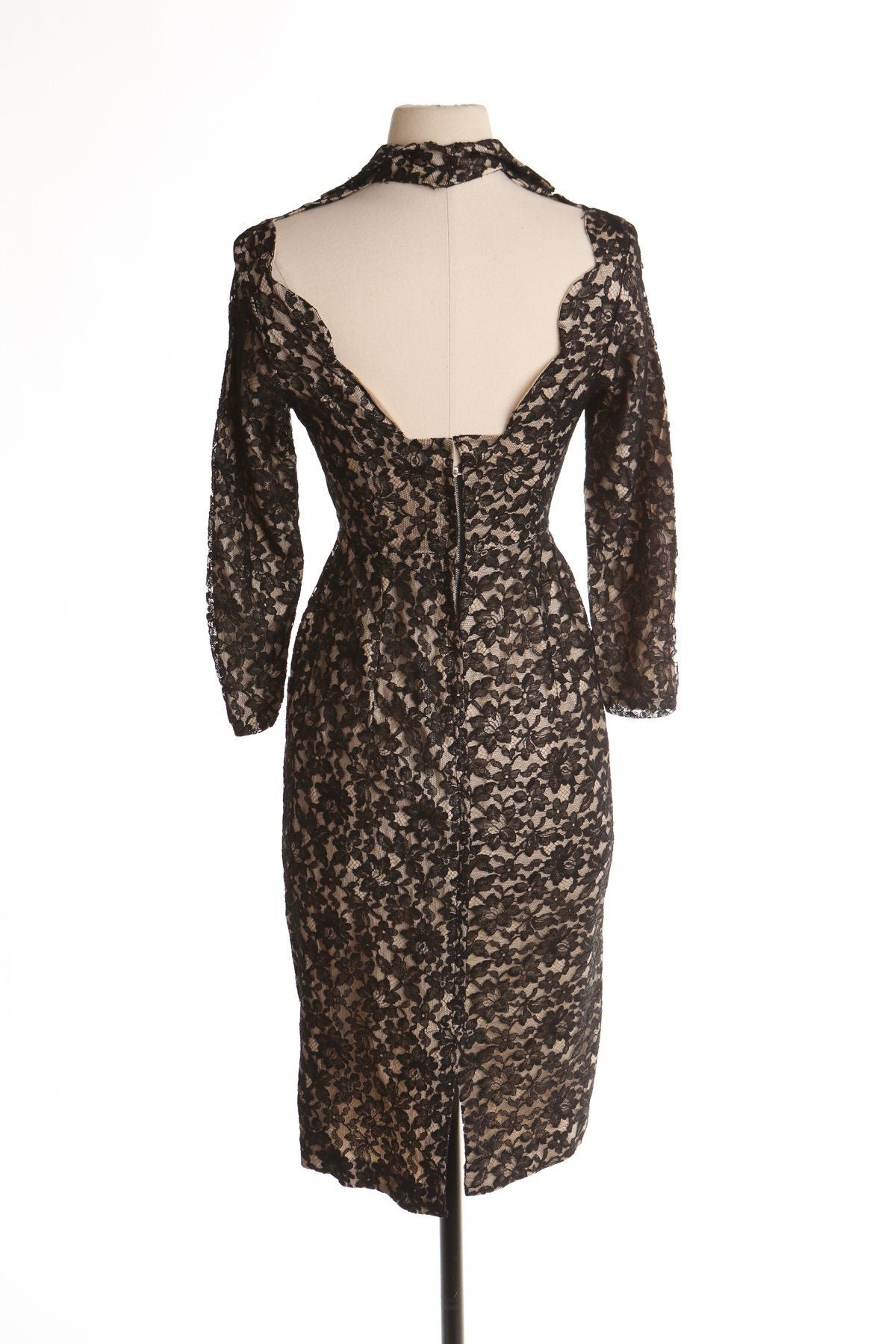 Vintage women 40's lace black dress long sleeve pinup casual foramal widow