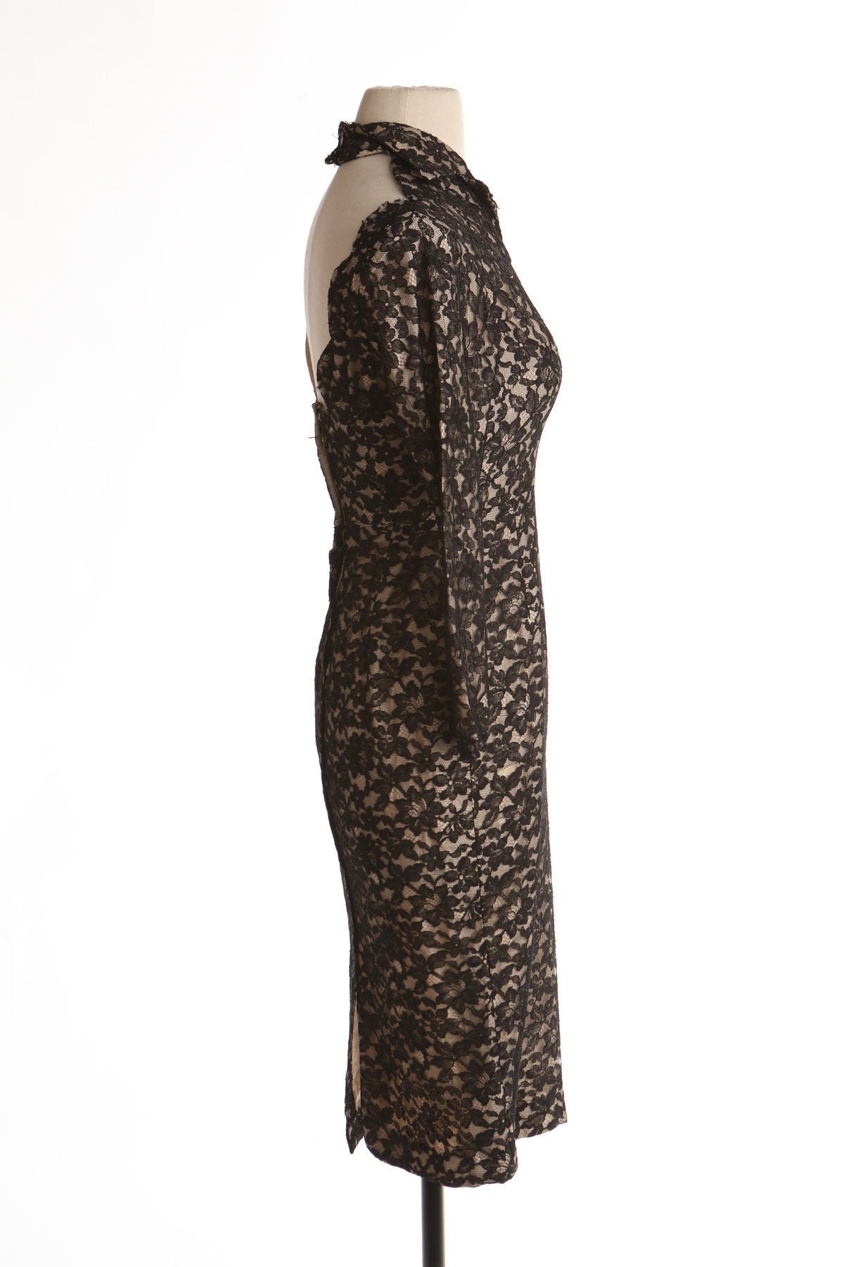 Vintage women 40's lace black dress long sleeve pinup casual foramal widow