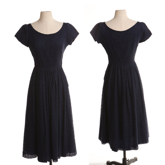 Vintage women 50's 60's blue casual dress lace floral summer metal zipper