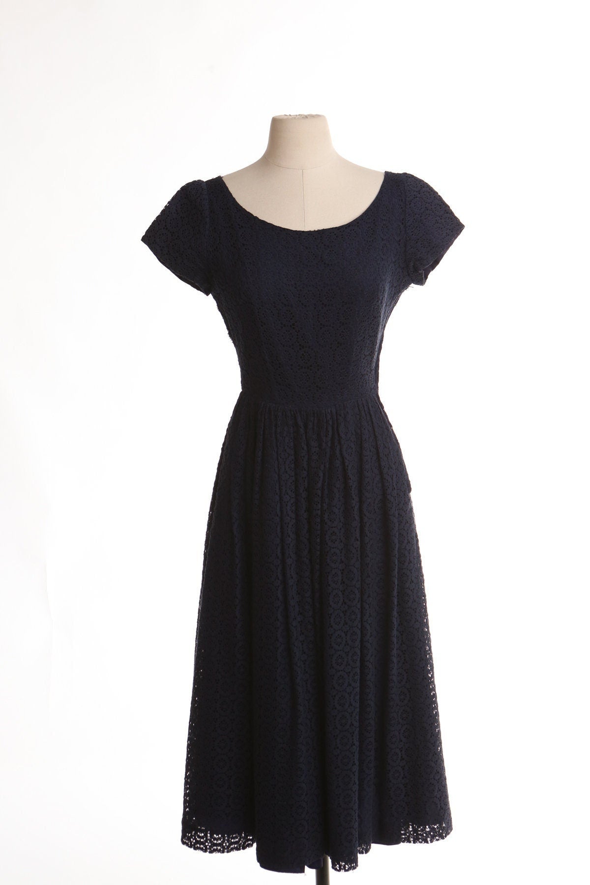 Vintage women 50's 60's blue casual dress lace floral summer metal zipper