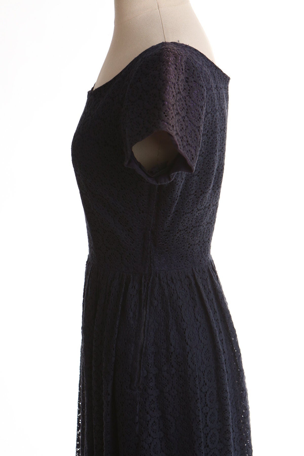 Vintage women 50's 60's blue casual dress lace floral summer metal zipper