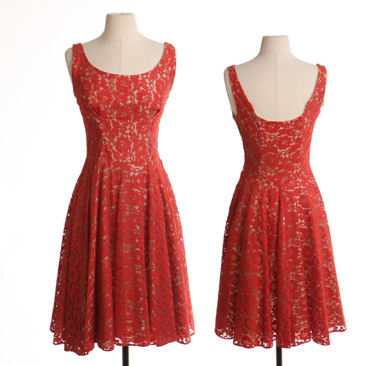 Vintage women 50's lace floral red dress strap 60's mad men