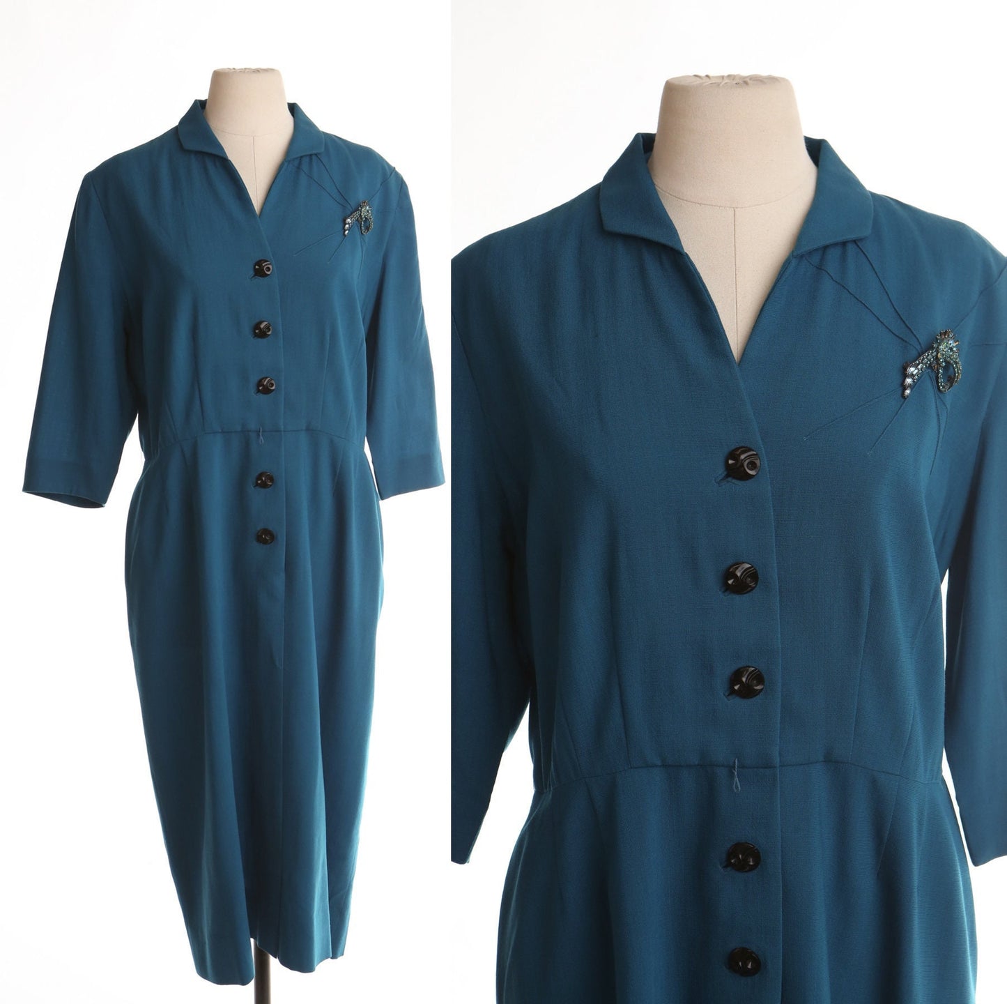 Vintage women casual 40's dress green formal button front