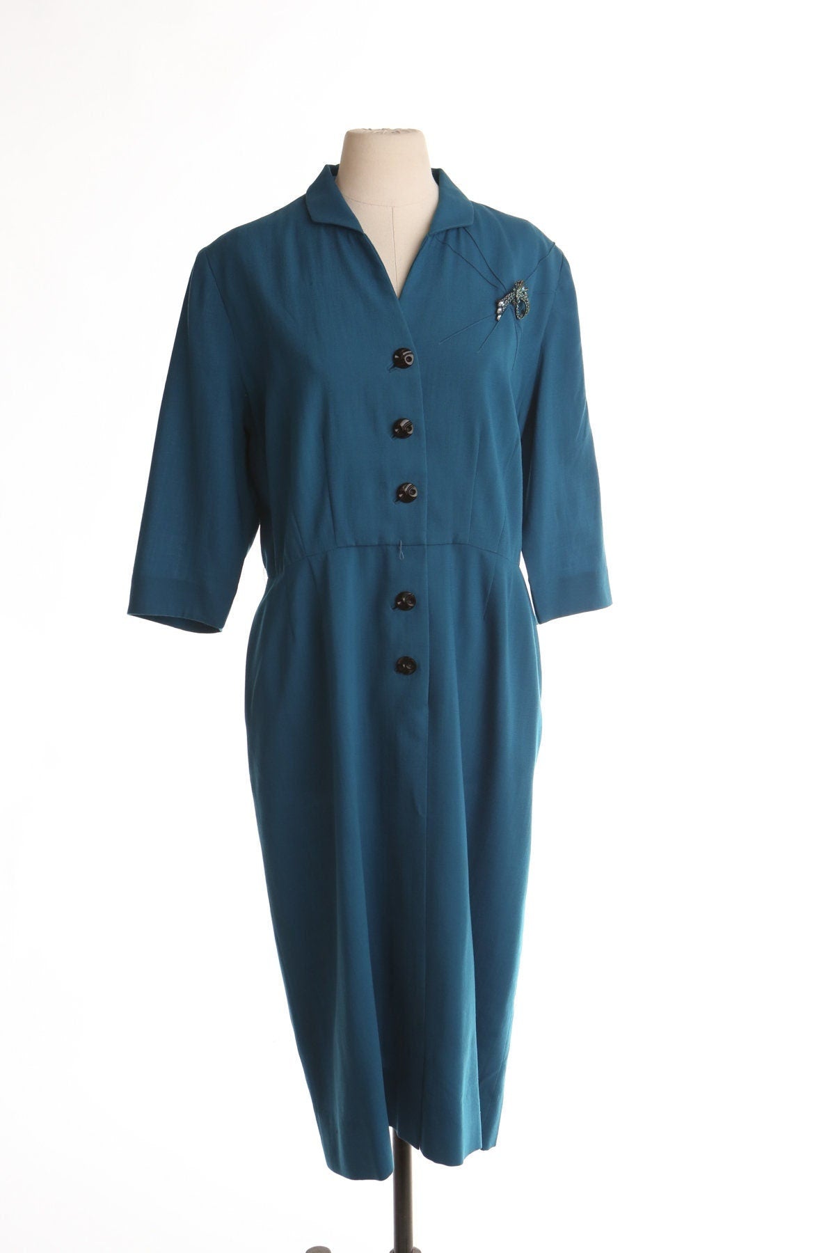 Vintage women casual 40's dress green formal button front