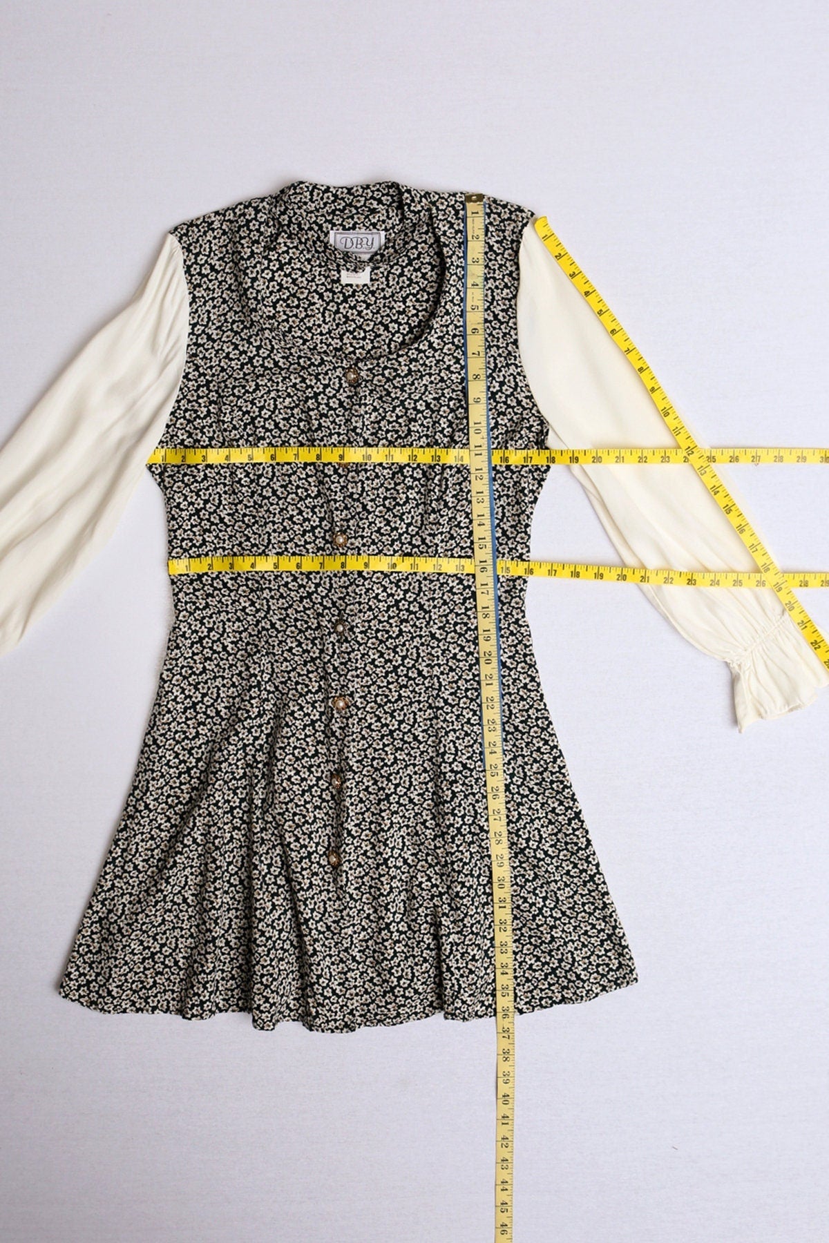 Vintage 90's floral print dress white gree button summer long sleeve