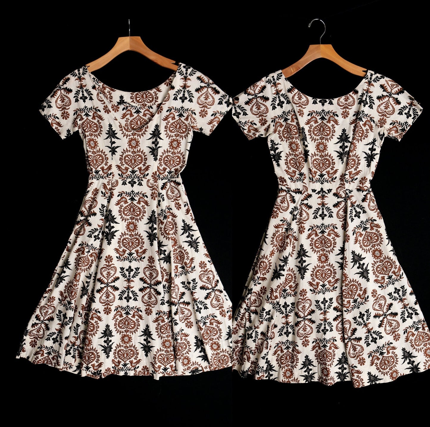 Women 50's summer dress beige floral print roster casual 40's abstract brown