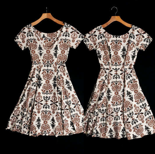 Women 50's summer dress beige floral print roster casual 40's abstract brown