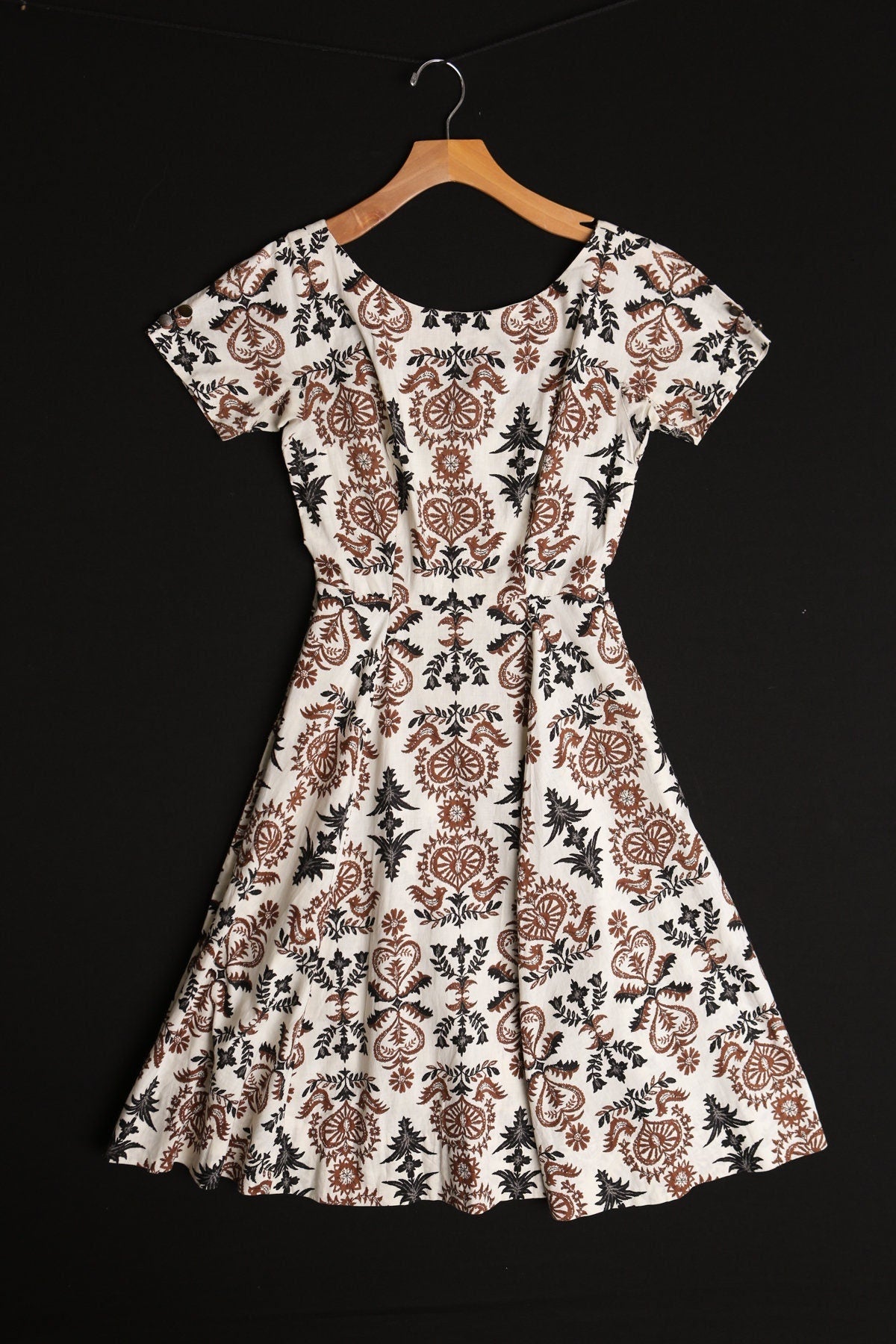 Women 50's summer dress beige floral print roster casual 40's abstract brown