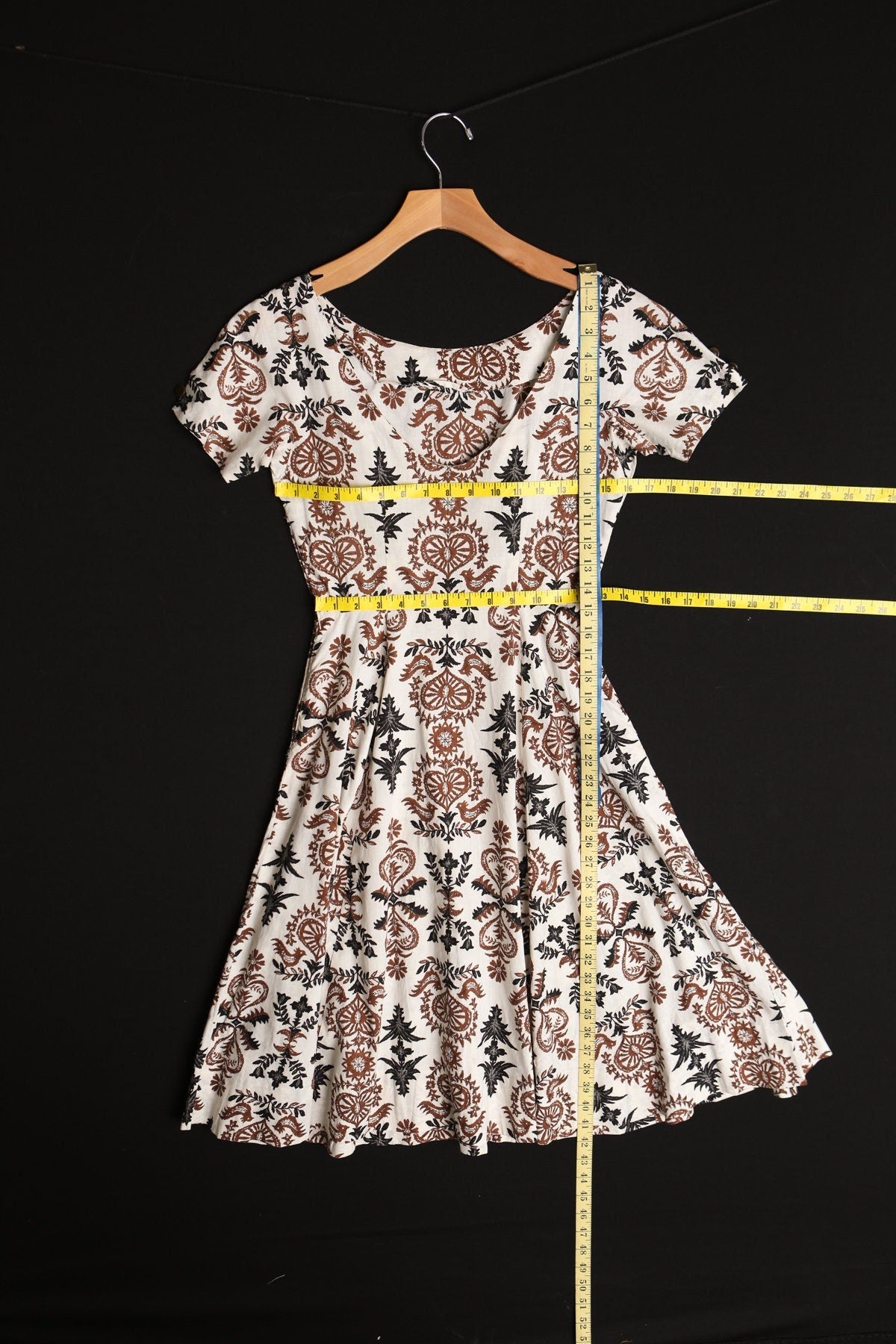 Women 50's summer dress beige floral print roster casual 40's abstract brown