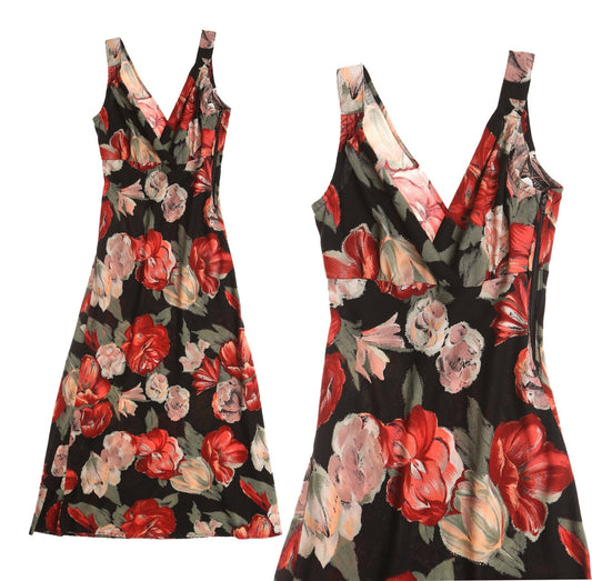 Vintage 90's women rayon floral print dress strap summer