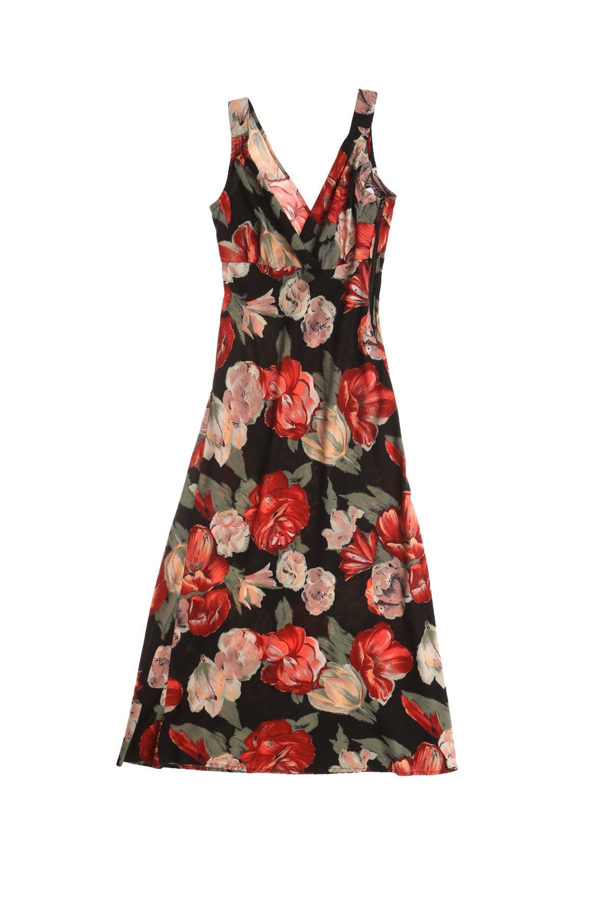 Vintage 90's women rayon floral print dress strap summer